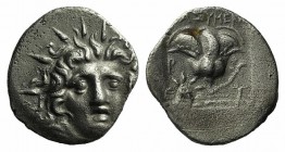 Islands of Caria, Rhodes, c. 170-150 BC. AR Hemidrachm (12mm, 1.39g, 12h). ‘Plinthophoric’ coinage. Thrasymenes, magistrate. Radiate head of Helios fa...