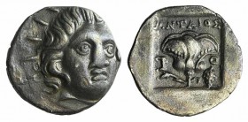 Islands of Caria, Rhodes, c. 125-88 BC. AR Hemidrachm (11mm, 1.38g, 12h). ‘Plinthophoric’ coinage. Antaios, magistrate. Radiate head of Helios facing ...