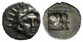 Islands of Caria, Rhodes, c. 125-88 BC. AR Hemidrachm (11mm, 1.29g, 12h). Diognetos, magistrate. Radiate head of Helios facing slightly r. R/ Rose wit...