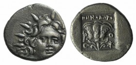 Islands of Caria, Rhodes, c. 88-84 BC. AR Hemidrachm (11mm, 1.31g, 12h). ‘Plinthophoric’ coinage. Menodoros, magistrate. Radiate head of Helios facing...