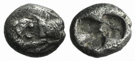 Kings of Lydia, time of Kroisos, c. 550-546 BC. AR Sixth Stater (9.5mm, 1.67g). Sardes. Confronted foreparts of lion r. and bull l. R/ Two incuse squa...