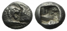 Kings of Lydia, time of Kroisos, c. 550-546 BC. AR 1/12 Siglos (7mm, 0.83g). Sardes. Confronted foreparts of lion r. and bull l. R/ Two incuse square ...
