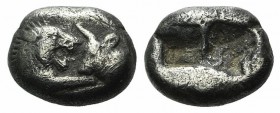 Kings of Lydia, time of Cyrus – Darios I, c. 545-520 BC. AR Third Siglos (12mm, 3.28g). Sardes. Confronted foreparts of lion r. and bull l. R/ Two inc...