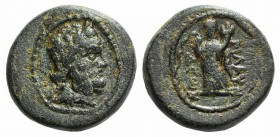 Lydia, Blaundos, c. 2nd-1st century BC. Æ (15mm, 4.30g, 12h). Laureate head of Zeus r. R/ Female standing l., holding cornucopia and long-ribboned wre...