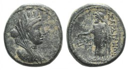 Lydia, Sardeis, c. 3rd century BC. Æ (20mm, 7.06g, 12h). Turreted and veiled head of Tyche r. R/ Zeus Lydios standing l., holding eagle and sceptre; t...