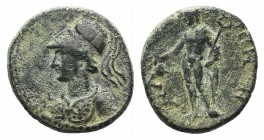 Lydia, Thyateira. Pseudo-autonomous , c. AD 100-276. Æ (19mm, 3.94g, 12h). Helmeted bust of Athena l., wearing aegis. R/ Hermes standing l., holding c...