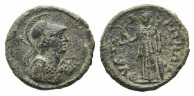 Lydia, Thyateira. Pseudo-autonomous issue, 2nd-3rd centuries AD. Æ (20mm, 3.55g, 6h). Helmeted bust of Athena r., wearing aegis, holding spear over sh...