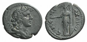 Phrygia, Eumeneia, c. 2nd century AD. Æ (16mm, 3.31g, 6h). Wreathed head of Dionysos r. R/ Athena standing l., holding patera and resting on shield; s...