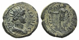 Phrygia, Hierapolis, c. 3rd century AD. Æ (16mm, 3.76g, 6h). Radiate and draped bust r. (Apollo Archegetes?). R/ Divinity standing l., holding wreath(...