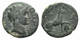 Phrygia, Laodikeia, c. 3rd century AD. Æ (15mm, 2.81g, 6h). Diademed head of Demos r. R/ Wolf standing r., forepaw on downwards amphora. SNG München 3...