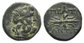 Phrygia, Peltai, c. 2nd century BC. Æ (14mm, 2.97g, 3h). Antip-, magistrate. Laureate head of Zeus r. R/ Thunderbolt. BMC 4 var. (magistrate). Green p...