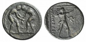 Pamphylia, Aspendos, c. 380/75-330/25 BC. AR Stater (22mm, 10.57g, 12h). Two wrestlers grappling; MΛ between. R/ Slinger standing r.; triskeles. Tekin...