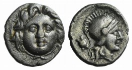 Pisidia, Selge, c. 350-300 BC. AR Obol (9mm, 0.89g, 12h). Facing gorgoneion. R/ Helmeted head of Athena r.; astralagos behind. SNG BnF 1934. Toned, Go...