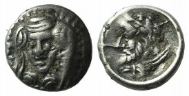 Cilicia, Uncertain, 4th century BC. AR Hemiobol (6mm, 0.39g, 12h). Veiled facing female bust. R/ Head of Herakles l., lion skin tied around neck. Cf. ...