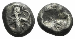 Achaemenid Kings of Persia, c. 485-420 BC. AR Siglos (14mm, 4.53g). King or hero r., in kneeling-running stance, holding spear and bow. R/ Incuse punc...