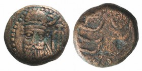 Kings of Elymais, Orodes II (c. AD 100-150). Æ Drachm (13mm, 3.47g). Facing bust wearing tiara; anchor to r. R/ Dashes. Van’t Haaff Type 13.3. Near VF...