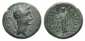 Augustus (27 BC-AD 14). Phrygia, Laodicea ad Lycum. Æ (19mm, 6.14g, 12h). Zeuxis, philalethes, c. 15 BC. Laureate head r. R/ Zeus Laodikeos standing l...