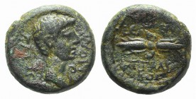 Gaius (Caligula, 37-41). Lydia, Philadelphia. Æ (14mm, 3.46g, 12h). Attalikos, magistrate. Bare head r.; lituus beneath chin. R/ Winged thunderbolt. R...
