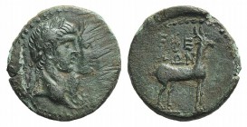 Claudius with Agrippina Junior (41-54). Ionia, Ephesus. Æ (19mm, 4.91g, 12h). Jugate busts of Claudius, laureate, and Agrippina, draped, r. R/ Stag st...