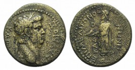 Claudius (41-54). Phrygia, Cadi. Æ (18mm, 3.95g, 12h). Meliton Asklepiadou, c. 50-54. Laureate head r. R/ Zeus standing l., holding eagle and sceptre....