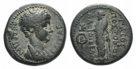 Nero (Caesar, 50-54). Phrygia, Laodicea ad Lycum. Æ (19mm, 5.64g, 12h). Gaius Postomus, magistrate, c. 55. Bareheaded and draped bust r. R/ Zeus Laodi...