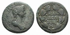 Domitia (Augusta, 82-96). Lydia, Philadelphia. Æ (20mm, 5.51g, 6h). Draped bust r. R/ Legend in four lines within laurel wreath. RPC II 1340; SNG Cope...