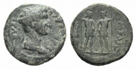 Nerva (96-98). Pisidia, Sagalassus. Æ (19mm, 5.46g, 6h). Laureate head r. R/ The Dioscuri standing facing each other, star above their heads, resting ...