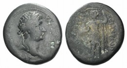 Trajan (98-117). Pamphylia, Side. Æ (22mm, 7.50g). Laureate head r. R/ Apollo Sidetes standing facing l., holding pomegranate and resting on sceptre. ...