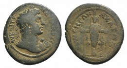 Hadrian (117-138). Phrygia, Eumeneia. Æ (26mm, 8.21g, 6h). Laureate and cuirassed bust r., wearing aegis. R/ Cult statue of Artemis Ephesia with suppo...