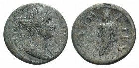 Sabina (Augusta, 128-136/7). Phrygia, Cibyra. Æ (19mm, 3.43g, 6h). Draped bust r., wearing stephane. R/ Asclepius standing facing, head l., resting on...