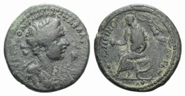Marcus Aurelius (161-180). Cilicia, Hierapolis-Castabala. Æ (30mm, 15.33g, 6h). Marcus Aurelius seated l. on curule chair, holding globe and being cro...
