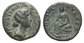Faustina Junior (Augusta, 161-180). Lycaonia, Lystra. Æ (19mm, 6.43g, 6h). Draped bust r. R/ Turreted and veiled Tyche seated l. on rock, holding popp...