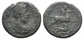 Commodus (177-192). Pontus, Amasea. Æ (34mm, 21.19g, 12h). Laureate and cuirassed bust r. R/ Commodus on horseback, r., brandishing spear; before, lio...