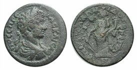 Geta (Caesar, 198-209). Lydia, Dioshieron. Æ (23mm, 5.75g, 6h). Apollonides, son of Phoibos, strategos. Laureate, draped and cuirassed bust r. Tyche s...