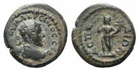 Macrinus (217-218). Pamphylia, Aspendus. Æ (19mm, 4.10g, 6h). Radiate, draped and cuirassed bust r. R/ Harpocrates standing l., raising hand and holdi...