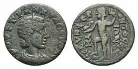 Tranquillina (Augusta, 241-244). Aeolis, Cyme. Æ (22mm, 5.45g, 6h). Aur Sympheron II, strategos. Diademed and draped bust r. R/ Poseidon standing l., ...
