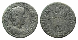 Tranquillina (Augusta, 241-244). Lydia, Sardis. Æ (22mm, 4.39g, 6h). Diademed and draped bust r. R/ Mên standing l., crescent at shoulders, holding pi...