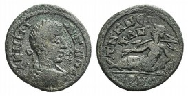 Philip II (247-249). Aeolis, Temnus. Æ (22mm, 4.92g, 6h). Laureate, draped and cuirassed bust r. R/ River-god Hermos reclining l., holding reed and re...