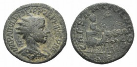 Philip II (247-249). Pisidia, Antioch. Æ (27mm, 11.45g, 6h). Radiate, draped and cuirassed bust r. R/ Philip driving quadriga r., holding reins and ea...