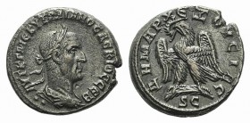 Trajan Decius (249-251). Antioch. BI Tetradrachm (26mm, 11.35g, 6h), AD 250-1. Laureate, draped and cuirassed bust r.; two pellets below. R/ Eagle sta...