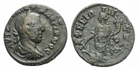 Valerian I (253-260). Ionia, Ephesus. Æ (20mm, 3.57g, 6h). Laureate, draped and cuirassed bust r. R/ Tyche standing l., holding rudder and cornucopia....