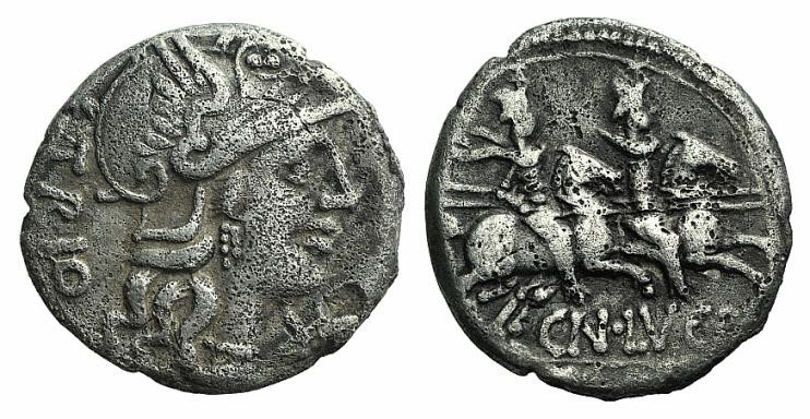 Cn. Lucretius Trio, Rome, 136 BC. AR Denarius (17mm, 3.68g, 4h). Helmeted head o...