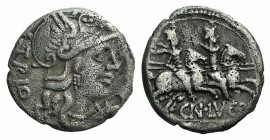 Cn. Lucretius Trio, Rome, 136 BC. AR Denarius (17mm, 3.68g, 4h). Helmeted head of Roma r. R/ Dioscuri on horseback riding r. Crawford 237/1a; RSC Lucr...