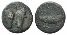 Augustus and Agrippa (27 BC-14 AD). Æ As (26mm, 12.52g, 1h). Gaul, Nemausus, c. 9-3 BC. Heads of Agrippa and Augustus back to back, that of Agrippa we...