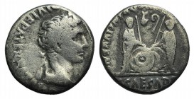Augustus (27 BC-AD 14). AR Denarius (16mm, 2.82g, 1h). Lugdunum, 2 BC-AD 4. Laureate head r. R/ Caius and Lucius Caesars standing facing, holding shie...
