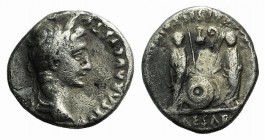Augustus (27 BC-AD 14). AR Denarius (17mm, 3.69g, 9h). Lugdunum, 2 BC-AD 4. Laureate head r. R/ Caius and Lucius Caesars standing facing, holding shie...