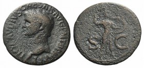 Claudius (41-54). Æ As (30mm, 10.11g, 6h). Rome. Bare head l. R/ Minerva standing r., brandishing javelin and holding shield on l. arm. RIC I 116. Sur...