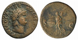 Nero (54-68). Æ As (27mm, 10.37g, 6h). Rome, 66-8. Laureate head r. R/ Victory flying l., holding inscribed shield. RIC I 368. Brown tone, near VF