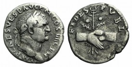 Vespasian (69-79). AR Denarius (19mm, 3.11g, 6h). Rome, AD 73. Laureate head r. R/ Clasped hands holding caduceus, poppies and grain ears. RIC II 520;...
