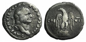 Vespasian (69-79). AR Denarius (17mm, 3.20g, 7h). Rome, AD 76. Laureate head r. R/ Eagle standing facing, head l., wings spread, holding thunderbolt i...